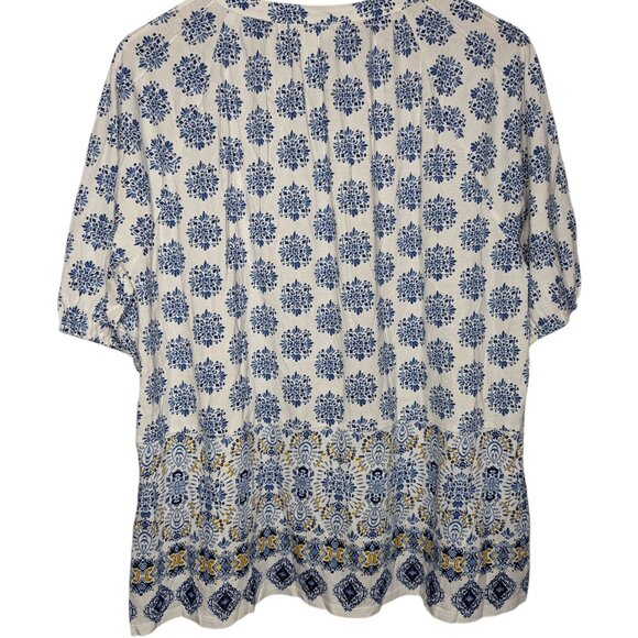 J Jill Womens V-Neck Blouse Top Large White Blue Floral Cottagecore Pheasant - Picture 2 of 3